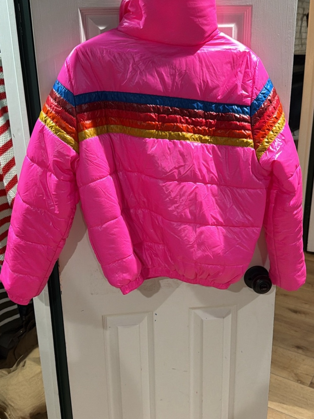 Aviator Nation women’s Bright Pink Puffer Jacket with Rainbow Stripe - Picture 2 of 4